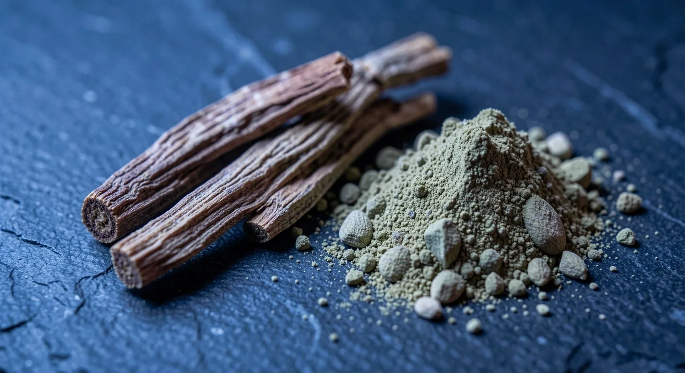Dried adaptogenic herbs on a dark surface