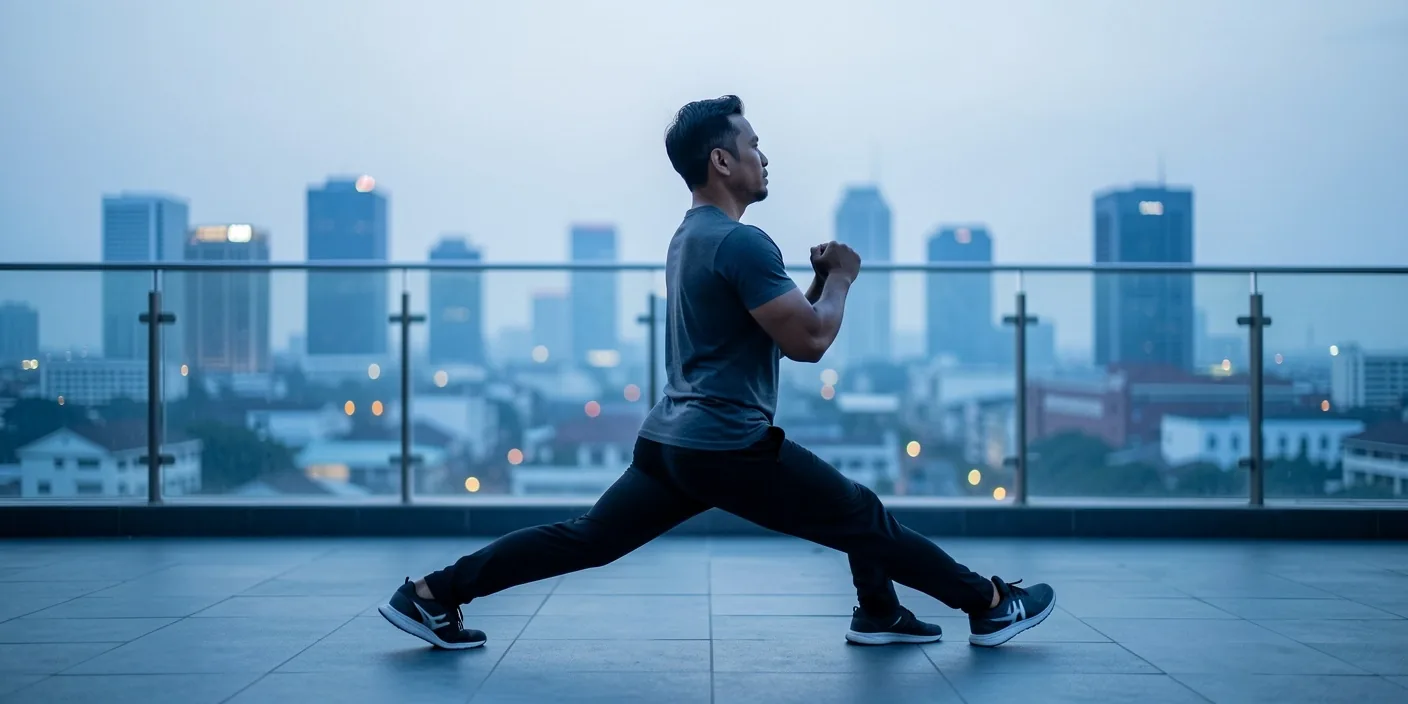 Morning exercise routine on a rooftop at dawn