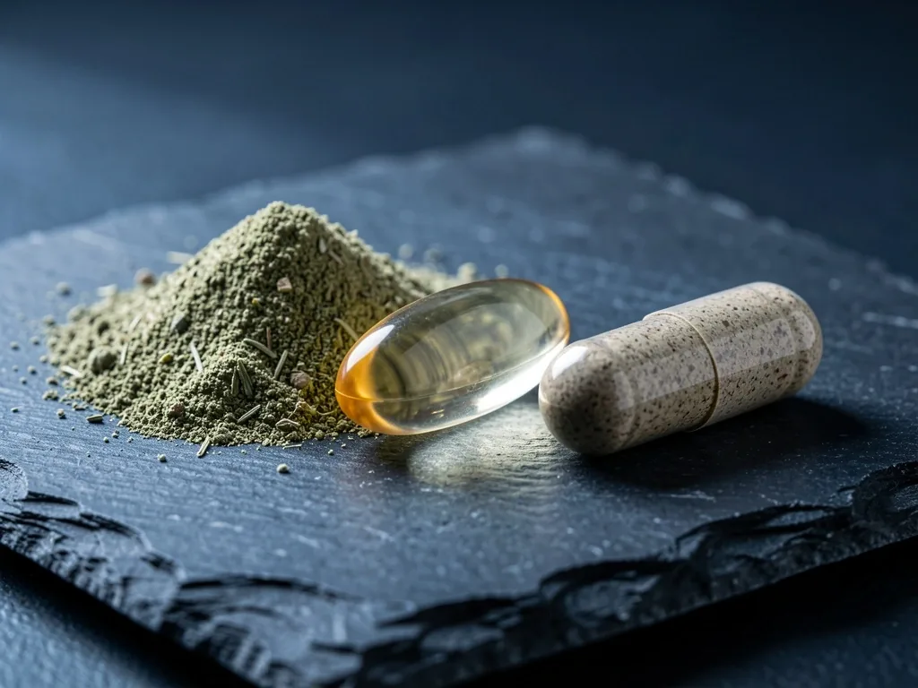 Natural supplement capsules photographed in studio lighting