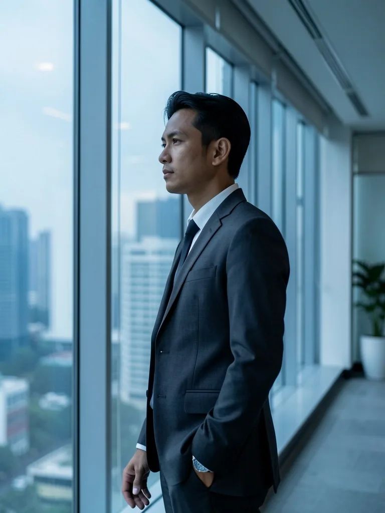 A professional man in a contemplative moment at a modern office