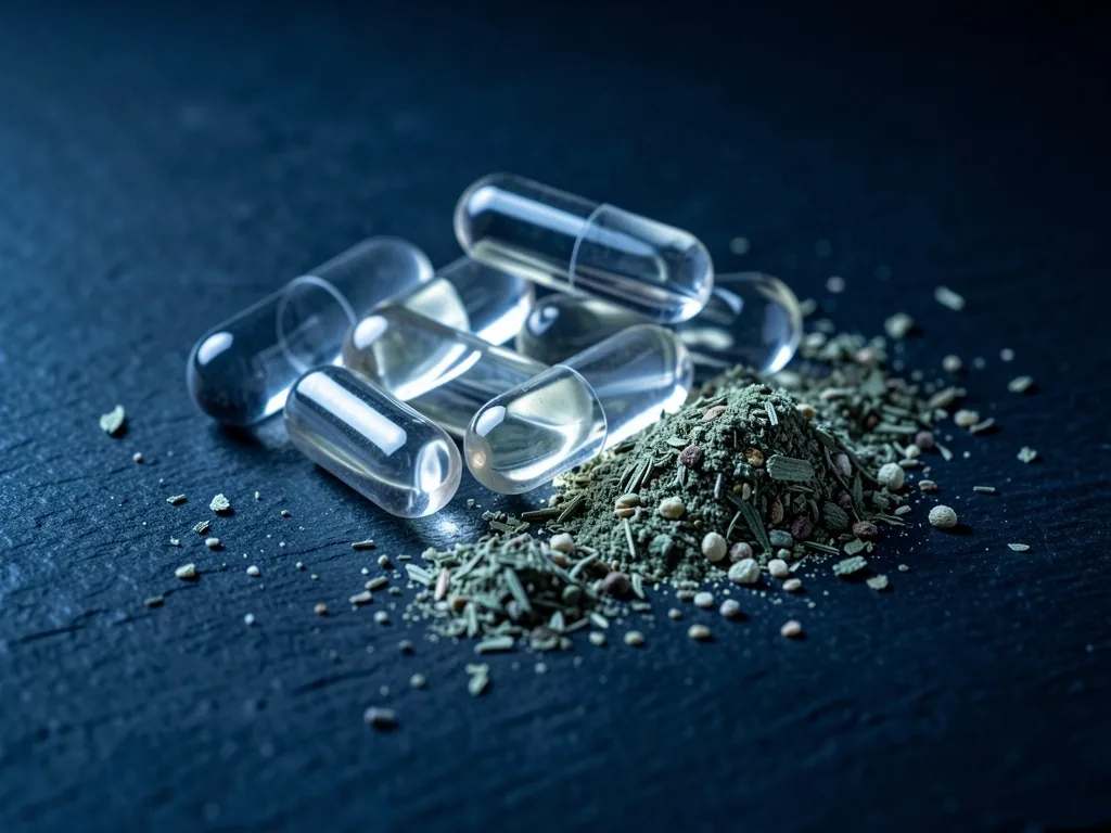 Natural supplement capsules and powder on a dark surface